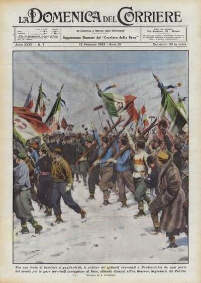 Zwischen einem Fest der Fahnen und Wimpel, die Reihen der Studenten, die sich in Bardonecchia versammelt haben von Achille Beltrame