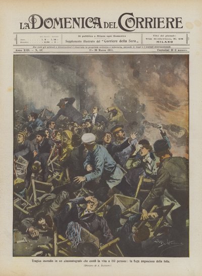 Tragisches Feuer in einem Kino, das 183 Menschen das Leben kostete, die qualvolle Flucht der Menge von Achille Beltrame