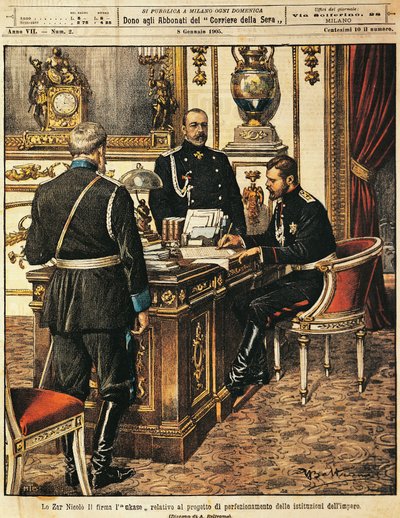 Zar Nikolaus II unterzeichnet Projekt für institutionelle Reformen, von Achille Beltrame (1871-1945), aus La Domenica del Corriere, 8. Januar 1905 von Achille Beltrame