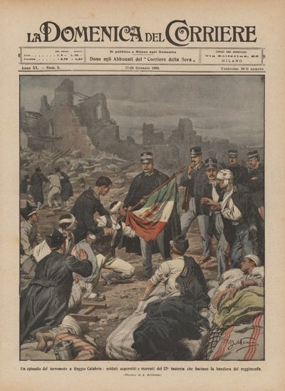 Ein Vorfall des Erdbebens in Reggio Calabria, überlebende und sterbende Soldaten des 22. Infanterieregiments von Achille Beltrame