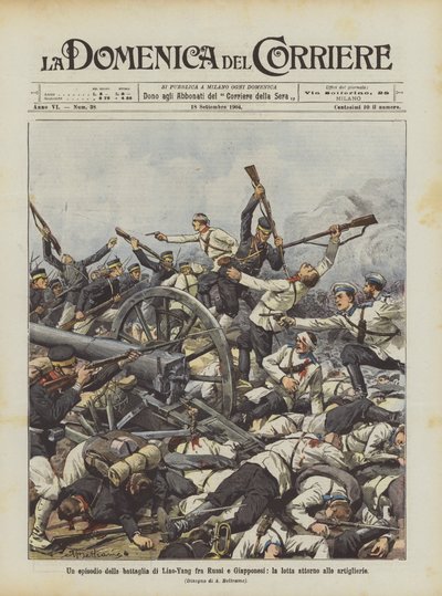 Eine Episode der Schlacht von Liao-Yang zwischen Russen und Japanern, der Kampf um die Artillerie von Achille Beltrame