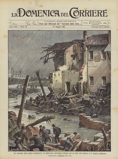 Ein Vorfall der letzten Überschwemmungen, die Zerstörung der Origoni-Fabrik durch den Bruch des Lambro von Achille Beltrame
