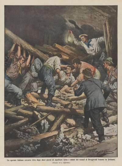 Ein italienischer Arbeiter nach zehn Tagen unter den Felsen des Tunnels lebend geborgen von Achille Beltrame