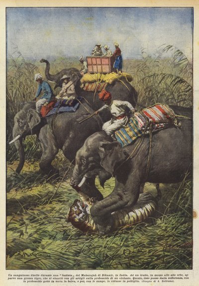 Ein blutiges Duell während einer Jagd des Maharadschas von Bikanir in Indien von Achille Beltrame