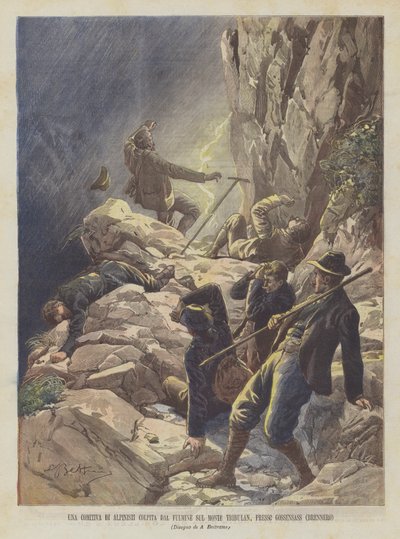 Eine Gruppe von Bergsteigern vom Blitz auf dem Monte Tribulan bei Gossensass (Brenner) getroffen von Achille Beltrame