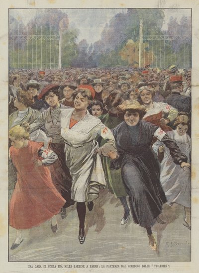Ein Rennen von tausend Näherinnen in Paris, Start im Tuileriengarten von Achille Beltrame