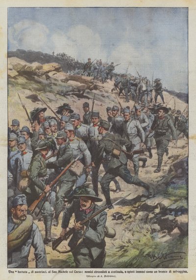 Eine Jagd auf Österreicher, am San Michele auf dem Karst, hunderte Feinde umzingelt von Achille Beltrame
