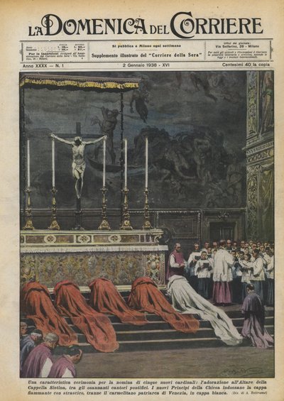 Eine charakteristische Zeremonie zur Ernennung von fünf neuen Kardinälen, die Anbetung am Altar von Achille Beltrame