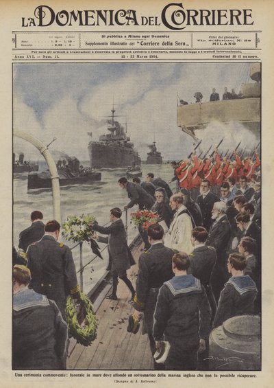 Eine bewegende Zeremonie, Seebestattung eines gesunkenen britischen U-Bootes von Achille Beltrame