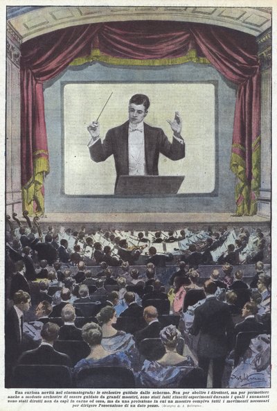 Eine kuriose Neuheit im Kino, die Orchester werden vom Bildschirm geleitet von Achille Beltrame