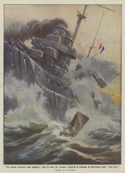 Ein großes Schlachtschiff im Sturm, eine Welle reißt und verstreut die Rettungsboote von Achille Beltrame