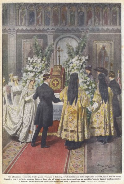 Eine malerische Zeremonie des griechisch-orthodoxen Ritus in London zur Hochzeit von Fräulein von Achille Beltrame