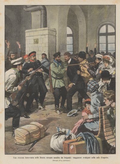 Ein Bahnhof im europäischen Russland von Banditen überfallen, Reisende im Warteraum ausgeraubt von Achille Beltrame