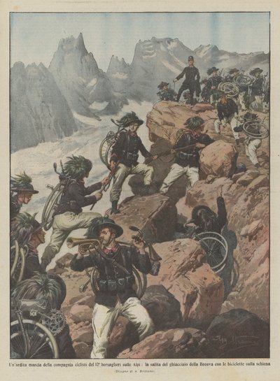 Kühner Marsch der Radfahrkompanie des 12. Bersaglieri über die Alpen, der Aufstieg zum Gletscher von Achille Beltrame