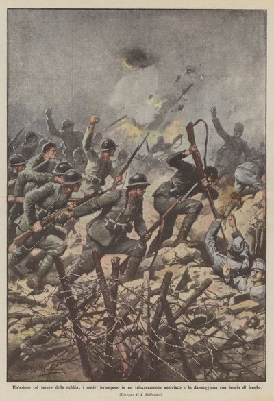 Eine Aktion im Schutz des Nebels, unsere Truppen stürmen einen österreichischen Schützengraben von Achille Beltrame