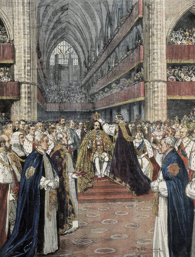Krönung von Edward VII. in der Westminster Abbey. Illustration von Achille Beltrame, veröffentlicht in Domenica del Corriere. Gravur. von Achille Beltrame
