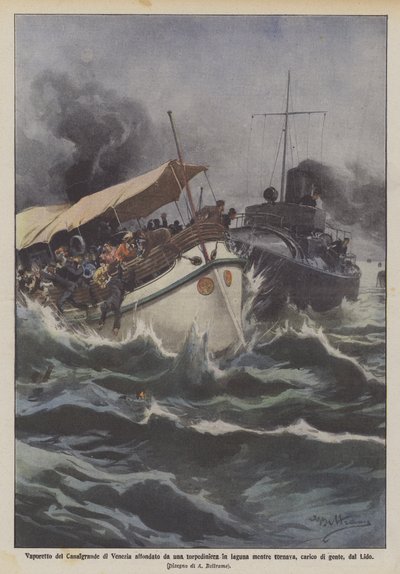 Vaporetto des Canal Grande in Venedig von einem Torpedoboot in der Lagune versenkt von Achille Beltrame