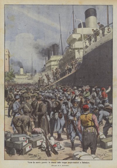 Auf dem Weg zum neuen Krieg, die Landung der anglo-französischen Truppen in Saloniki von Achille Beltrame