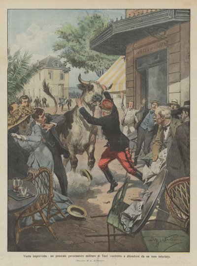 Unverhoffter Besuch, ein General und Militärgouverneur von Toul muss sich gegen einen wütenden Stier verteidigen von Achille Beltrame