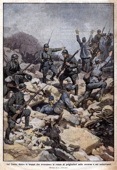 Erster Weltkrieg: Italienische Front auf dem Karstplateau (Trentino) und Gefangene im Untergrund. „Domenica del Corriere“. 07/1917 (Lithographie) von Achille Beltrame