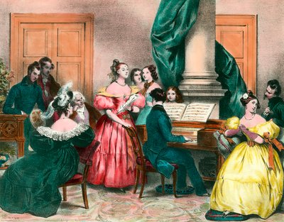 Ein musikalischer Nachmittag in der Familie. Gravur von Achille Deveria (1800-1857), Gravur des 19. Jahrhunderts. Private Sammlung von Achille Devéria