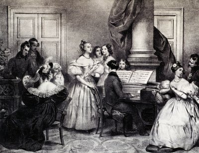 Familienkonzert mit Klavier, von Achille Deveria, Gravur, Frankreich von Achille Devéria