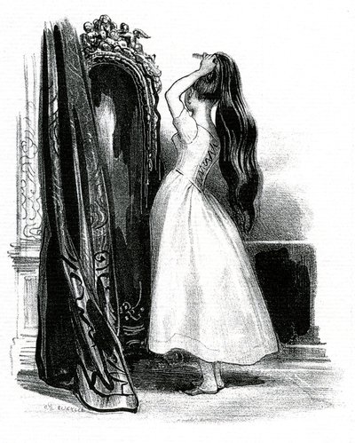 Madame Bovary, für Gustave Flauberts Roman - Emma Bovary häuft ihr langes Haar vor ihrem Spiegel von Achille Devéria