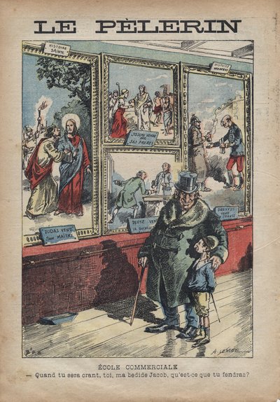 Karikatur Antisemit von Achille Lemot für „Le-Pelerin“ vom September 1896 - Handelsschule: wenn du ein Crant wirst, mein Bettgenosse Jacob, was wirst du teilen? von Achille Lemot
