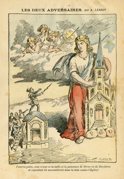 Illustration von Achille Lemot (1846-1909) in Le Pelerin, 09/09/06 - Die beiden Gegner - Antisemitismus, Religion Glaube, Dreifarbige Flagge, Kathedrale Kirchen, Synagoge, Katholizismus - Allegorie, Maßstabsänderung von Achille Lemot