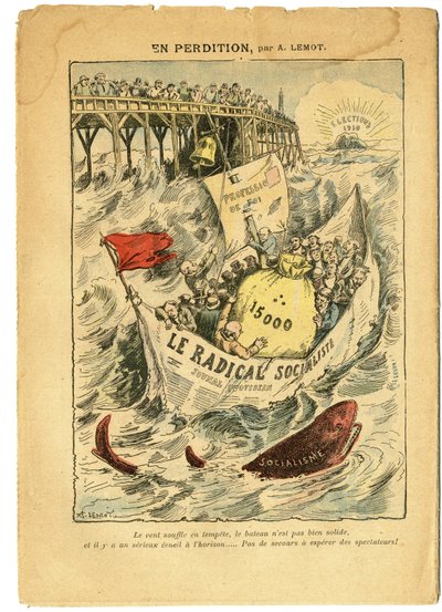 Illustration von Achille Lemot in Le Pelerin, 20/06/09 - In Verderben - Radikalismus, Wahlen, Antimakonismus, Meeresküste, Fünfzehntausend, Parlamentarische Entschädigungen, Radikale und Radikal-Sozialistische Partei - Fisch, Hai - Tiere von Achille Lemot