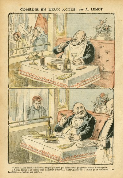 Illustration von Achille Lemot (1846-1909) in Le Pelerin, 22/05/04 - Komödie in zwei Akten - Restaurant Cafés, Gastronomie Kochen, Sozialismus - Caféjungen, Trüffel - Fett/Mager von Achille Lemot