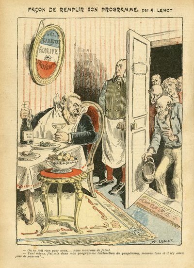 Illustration von Achille Lemot (1846-1909) in Le Pelerin, 23/07/05 - Wie man sein Programm erfüllt - Soziales, Elend, Gastronomie Koch, Sozialismus - Jaurès Jean, Abgeordneter, Homemans - Lebensmittelmetapher, Opposition/Assoziation von Achille Lemot