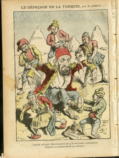 Illustration von Achille Lemot (1846-1909) in Le Pelerin, 25/10/08 - Die Zerstückelung der Türkei - Türkei, Religion Glaube, Balkan, Bulgarien, Bosnien Herzegowina, Kreta, Katholizismus - Abdul-Hamid II (1842-1918) von Achille Lemot