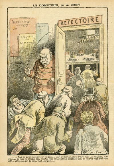Illustration von Achille Lemot (1846-1909) in Le Pelerin, 27/03/04 - Der Dompteur - Restaurant Cafés, Gastronomie Koch - Combes Emile (1835-1921), Dompteur - Lebensmittel Metapher von Achille Lemot