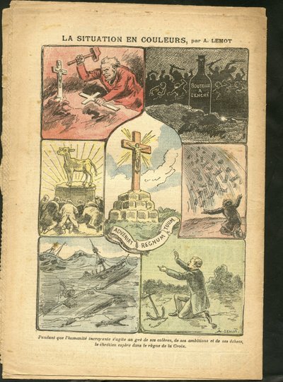 Illustration von Achille Lemot (1846-1909) in Le Pelerin, 28/02/09 - Die Situation in Farbe - Religion Glaube, Maritime Marine Küste, Atheismus, Unfälle Katastrophen, Naturkatastrophe, Christliches Kreuz, Katholizismus - Goldenes Kalb von Achille Lemot