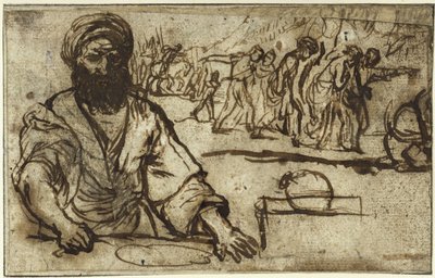 Sitzender bärtiger Mann, im Hintergrund Menschen- und Reiterzug von Adam Elsheimer
