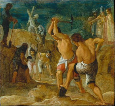 Der Frankfurter Altar der Erhöhung des wahren Kreuzes: Das Graben nach dem Kreuz (unten Mitte links) von Adam Elsheimer