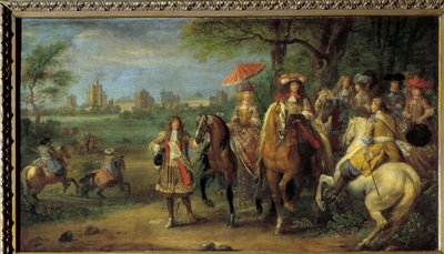 König Ludwig XIV. (1638-1715) und Königin Marie-Therese von Österreich (1638-1683) vor dem Schloss Vincennes im Jahr 1669 von Adam Frans van der Meulen