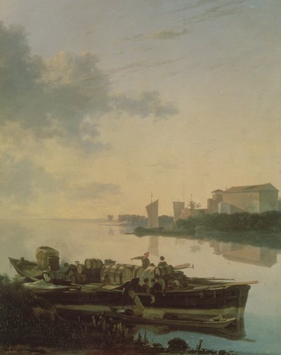 Ein Holzschiff auf dem Fluss bei Sonnenuntergang von Adam Pynacker