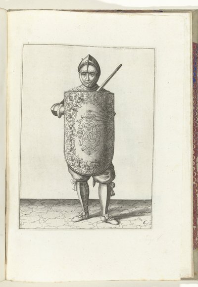 Die Übung mit dem Targe und Rapier: der Soldat hält den Targe vor die Brust und das gezogene Rapier an die linke Schulter (Nr. 6), 1618 von Adam van Breen