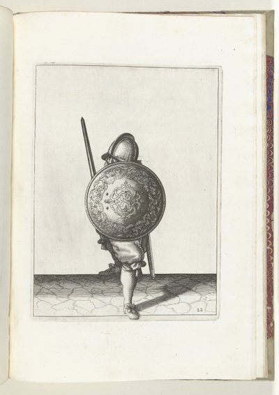 Die Übung mit Schild und Speer: Der Soldat in einer Verteidigungshaltung mit einem Fuß nach vorne und mit seinem Rapier und Schild auf dem Knie vor dem Körper, von vorne gesehen, 1618 (Serie) von Adam van Breen