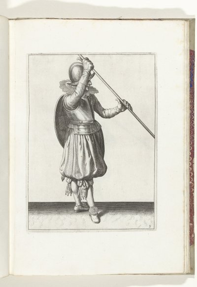 Die Übung mit Schild und Spieß: der Soldat mit dem Spieß schräg in beiden Händen mit der rechten Hand am Kopf und dem Schild auf dem Rücken (Nr. 3), 1618 von Adam van Breen
