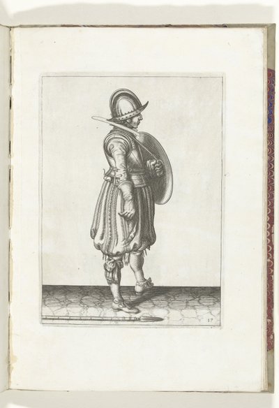 Die Übung mit Schild und Speer: der Soldat mit dem Schild bereit und der Speer neben seinem rechten Fuß auf dem Boden (Nr. 17), 1618 von Adam van Breen