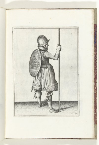 Die Übung mit Schild und Speer: der Soldat stehend mit dem Speer auf dem Boden neben dem rechten Fuß (Nr. 30), 1618 von Adam van Breen