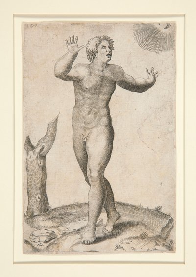 Ein nackter Mann, der erschrocken ist, weil er gleichzeitig den Mond und die Sonne am Himmel sieht von Adamo Scultori