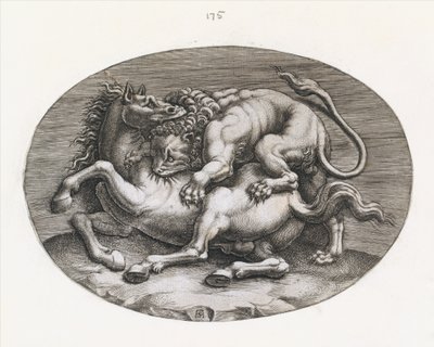 Spiegel der römischen Pracht: Löwe greift ein Pferd an, ca. 1540-80 von Adamo Scultori