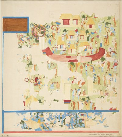 Viertelmaßstab-Kopie einer Wandmalerei vom nördlichen Ende der Westwand, Oberer Tempel der Jaguare, Chichen Itza, Mexiko von Adela Breton