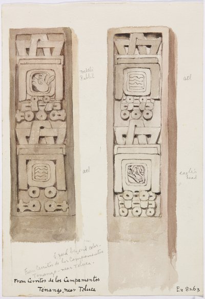 Zwei Säulen, beide mit Steinreliefs, Cerritos de los Campamentos, Tenago, in der Nähe von Toluca, Mexiko von Adela Breton