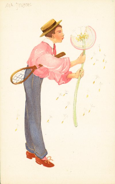 Junger Mann mit Tennisschläger bläst große Pusteblume von Adelaide Marchi