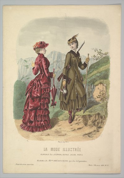Eine Dame im Jagdkostüm mit einer Dame im Spazierkostüm auf einem Bergpfad aus La Mode..., 1881 von Adèle Anaïs Colin